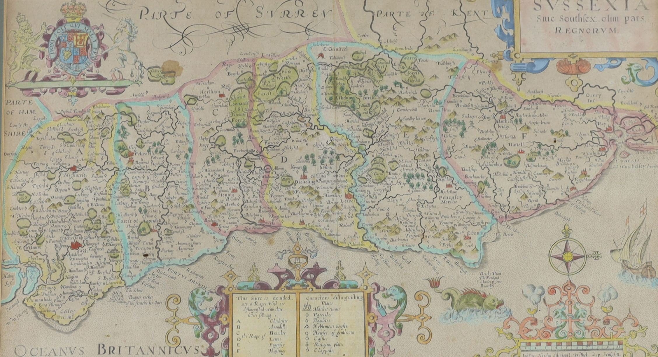 Norden, John. - Sussexia, engraved hand-coloured map of Sussex, framed and glazed, [1637], (image 22 x 39cms.) [Seale?] A correct chart of the German Ocean [i.e. North Sea]... for Mr Tindal’s continuation of Mr Rapin’s H